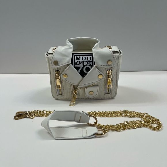 Leather & Canvas Jacket/ Biker Handbag Purse In Cream/White - Picture 6 of 8